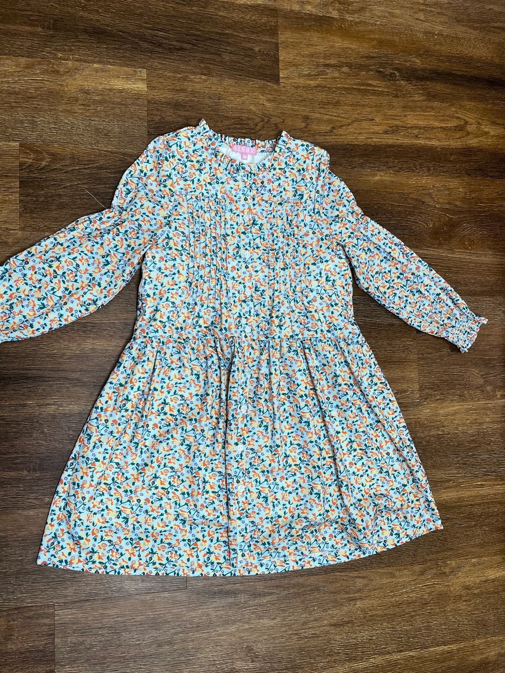 Bisby Long Sleeve Blue Dress with Yellow & Orange Floral Size 10